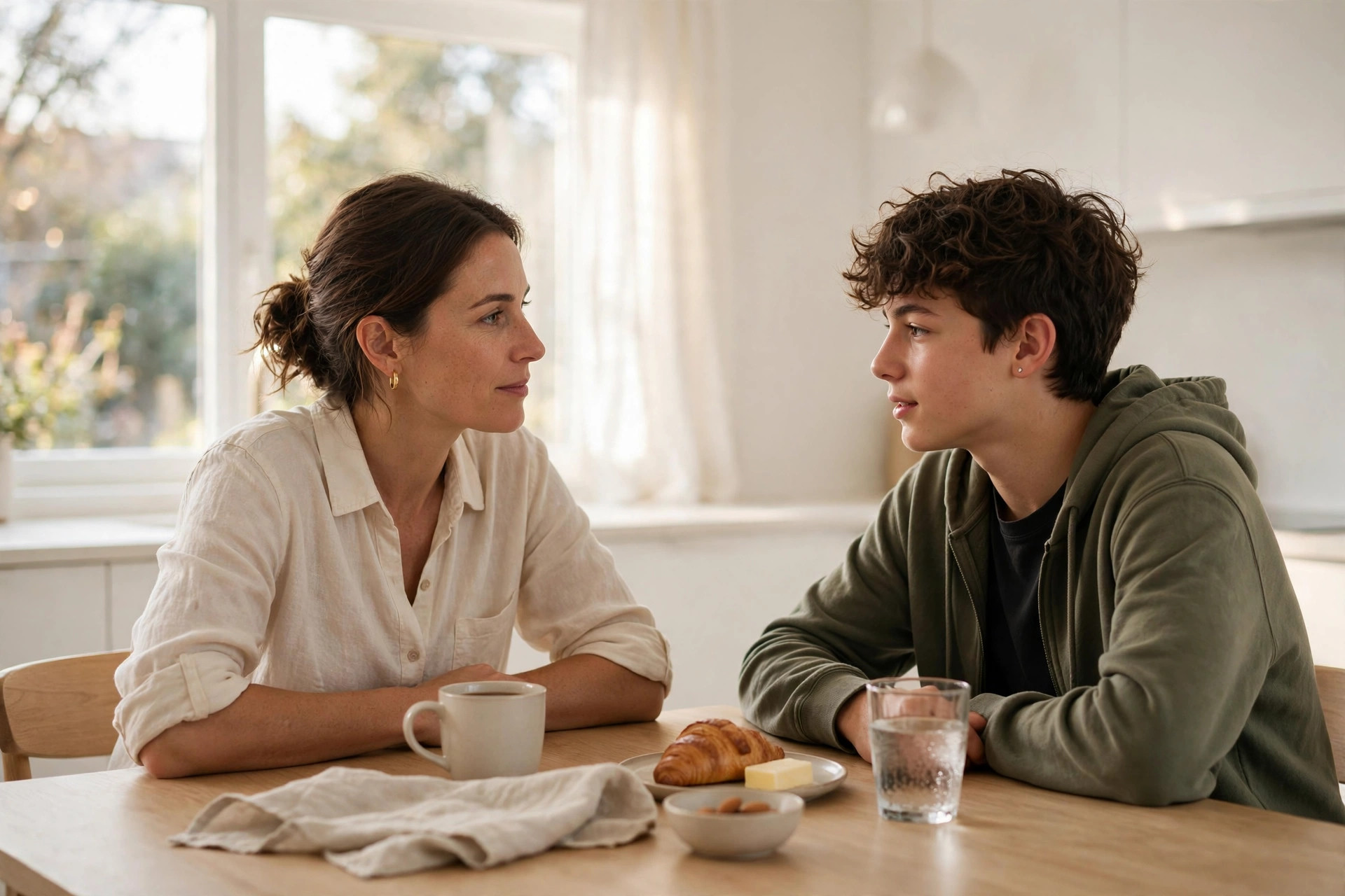 A parent and teenager sitting across a kitchen table in calm conversation in warm morning light.