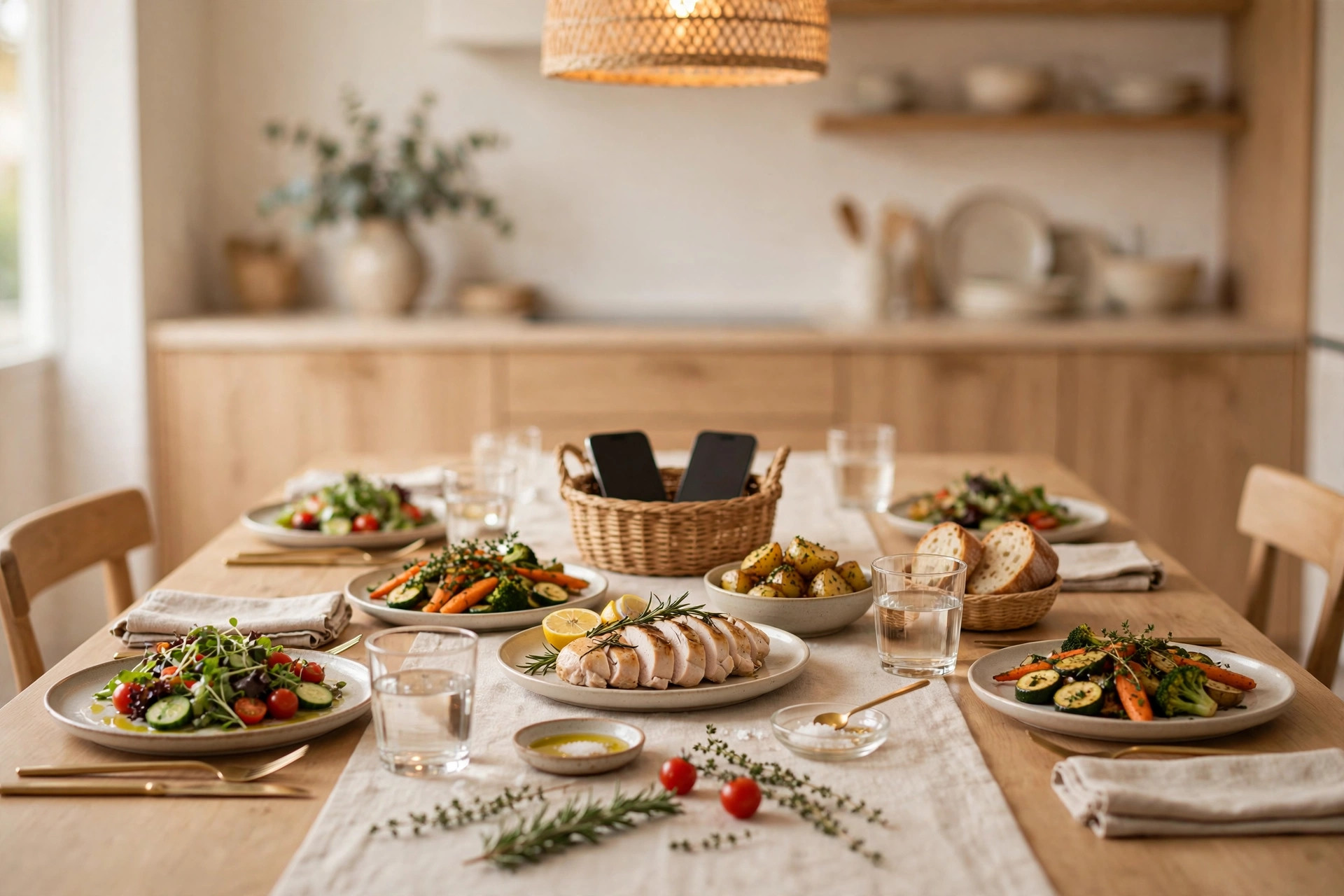 A set family dinner table with two smartphones resting face-down in a basket at its centre.