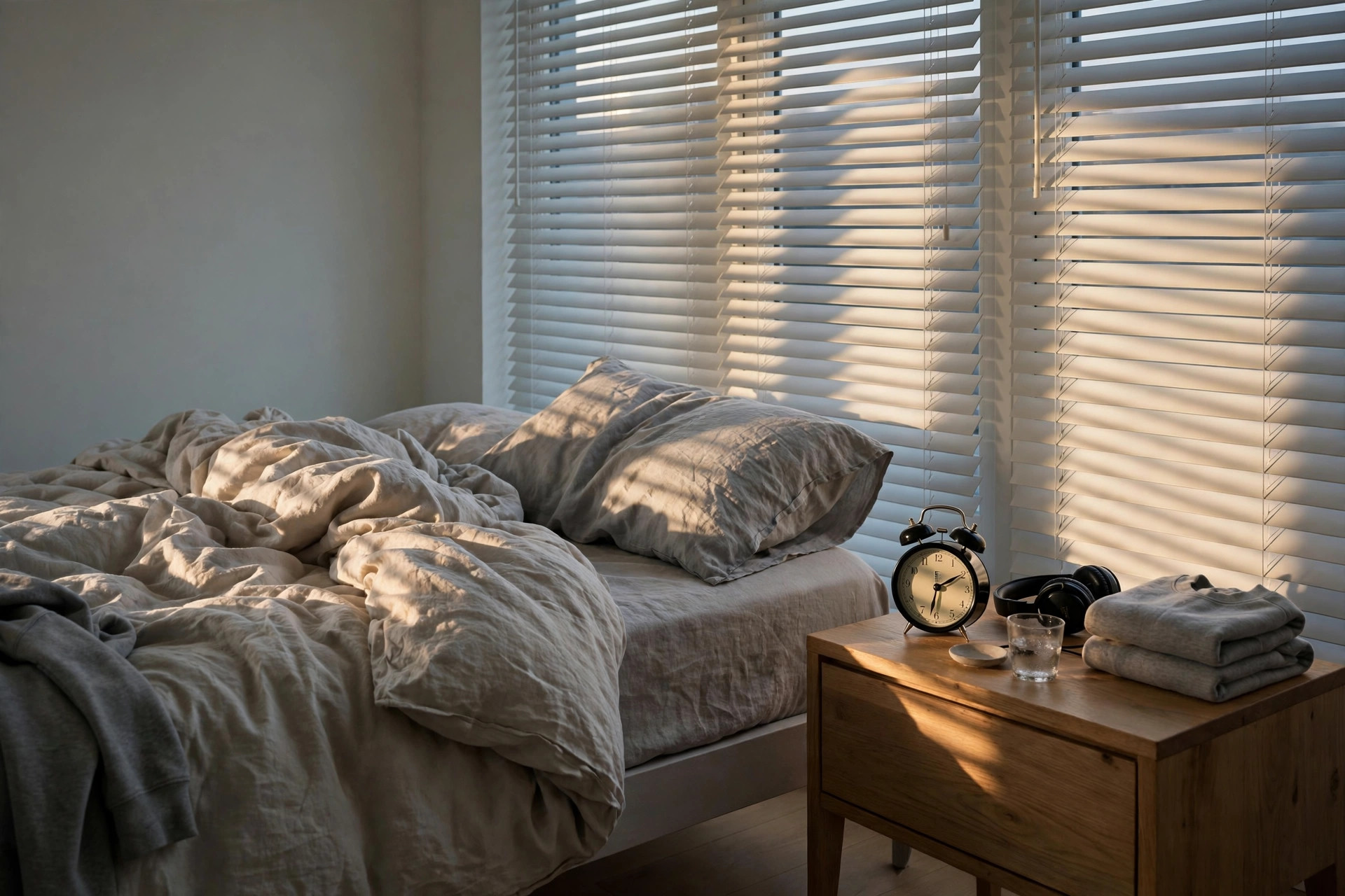 An unmade teenage bed in early morning light, with an alarm clock on the nightstand.