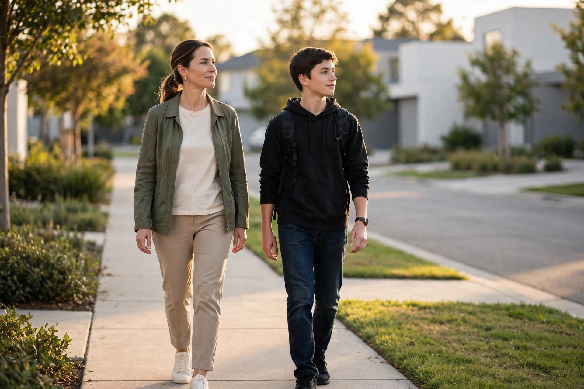 A parent and teenager walking side by side on a sidewalk, both looking ahead.
