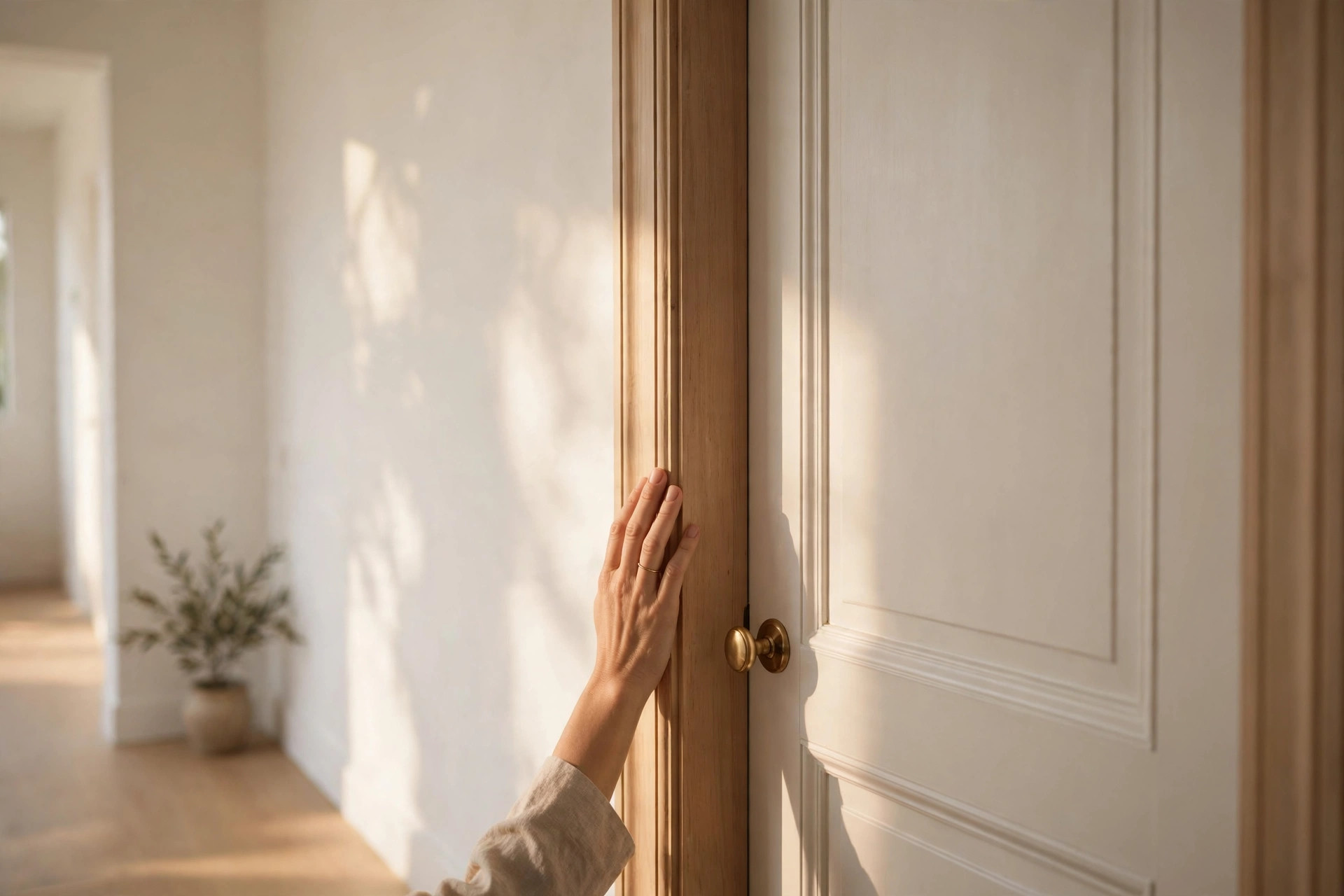 A parent's hand resting near the frame of a closed bedroom door in a sunlit hallway.